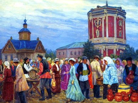 Рынок на Староконной площади Воронежа. Рисунок А.М. Курзанова Справа видна водонапорная башня, слева Одигитриевская часовня, открытая в 1894 году, после избавления города от холеры. Башня и часовня до настоящего времени не сохранились