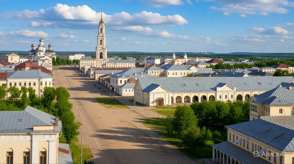 Центр Воронежа. Середина XIX в. Староконная площадь (ныне площадь Ленина). Напротив неё (слева) - будущий Кольцовский сквер. Фото восстановлено ИИ.