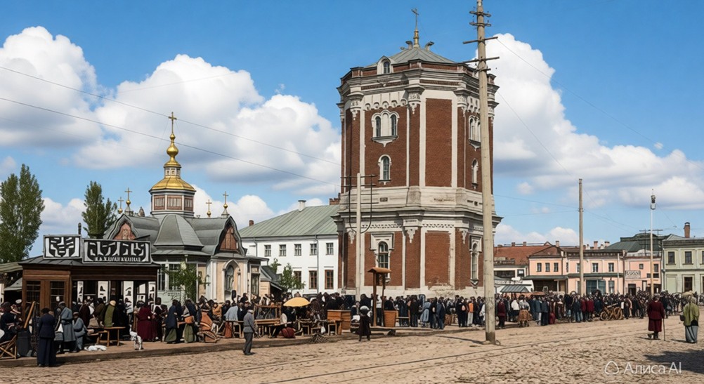 Водонапорная башня на Староконной площади Воронежа. Начало ХХ в. Фото восстановлено ИИ.