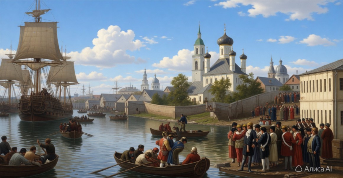 Воронежское Адмиралтейство: корабли на реке Воронеж возле Успенской церкви. Конец XVII в. Изображение восстановлено ИИ.