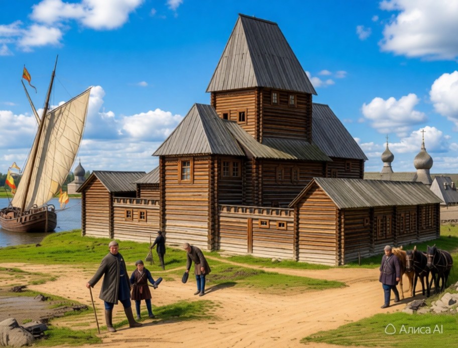 Дом Петра I в Воронеже. Начало XVIII в. Восстановлено нейросетью по рисунку де Бруина.