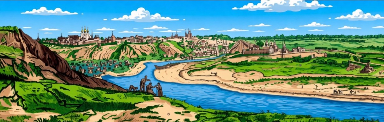 Вид города Воронежа и корабельной верфи начала 18-го века.. Рисунок Корнелия де Бруина. Изображение восстановлено ИИ.